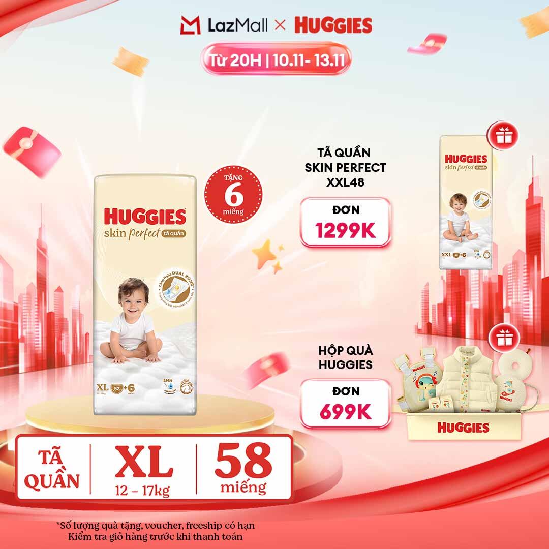 [CHỈ 20H 10-13.11 QUÀ TẶNG ĐH 699K] Tã quần Huggies Skin Perfect XL size Super Jumbo 52+6 miếng - Nh
