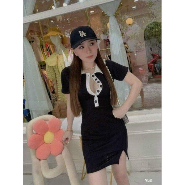 ĐẦM THUN GÂN PHỐI NÚT CỔ TRẮNG TVN00