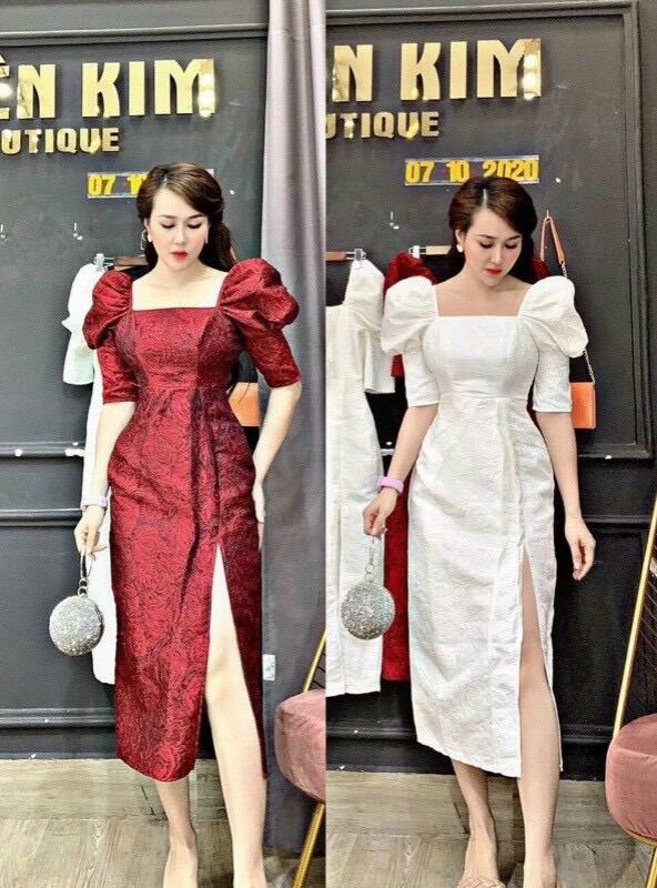 (SHOP BIGSIZE nữ 50kg đến 90kg) đầm gấm cao câp xẻ tà
