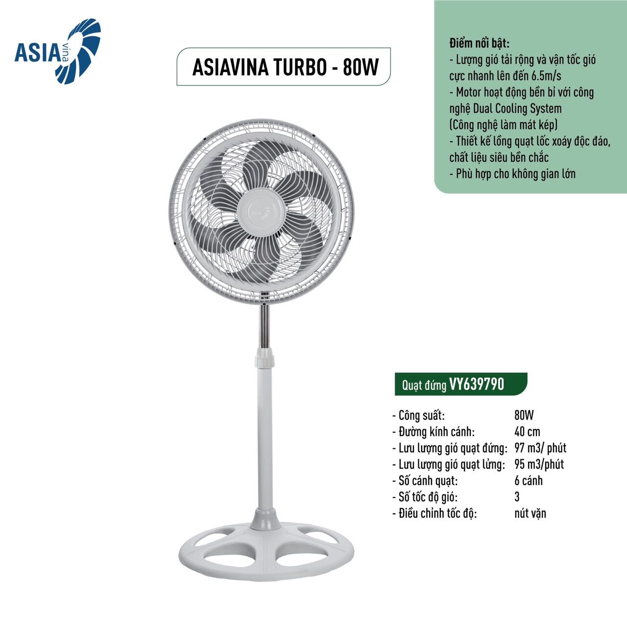 Quạt đứng TURBO PLUS Asia VY639791 Xám 90W hoạt động êm