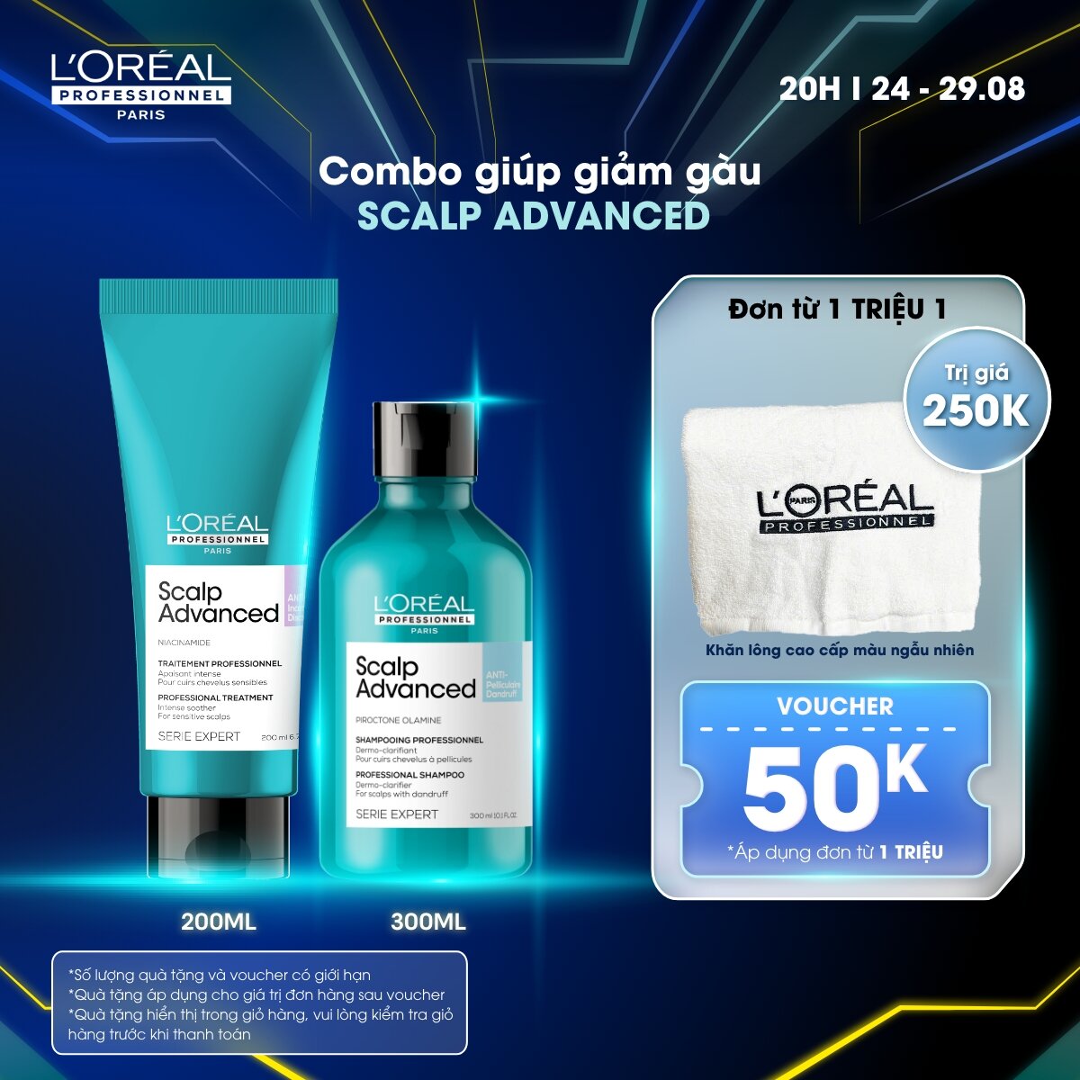 Liệu trình dưỡng tóc giảm gàu - giúp làm sạch gàu L'Oréal Professionnel Scalp Advanced - Dầu gội 300ml/500ml, Dưỡng chất 200ml - Dành cho da đầu gàu