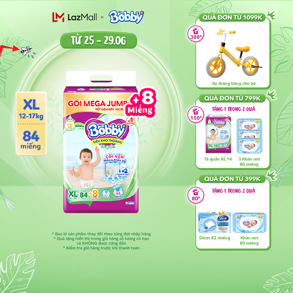 Tã/bỉm quần Bobby 3mm Gạo non XL84