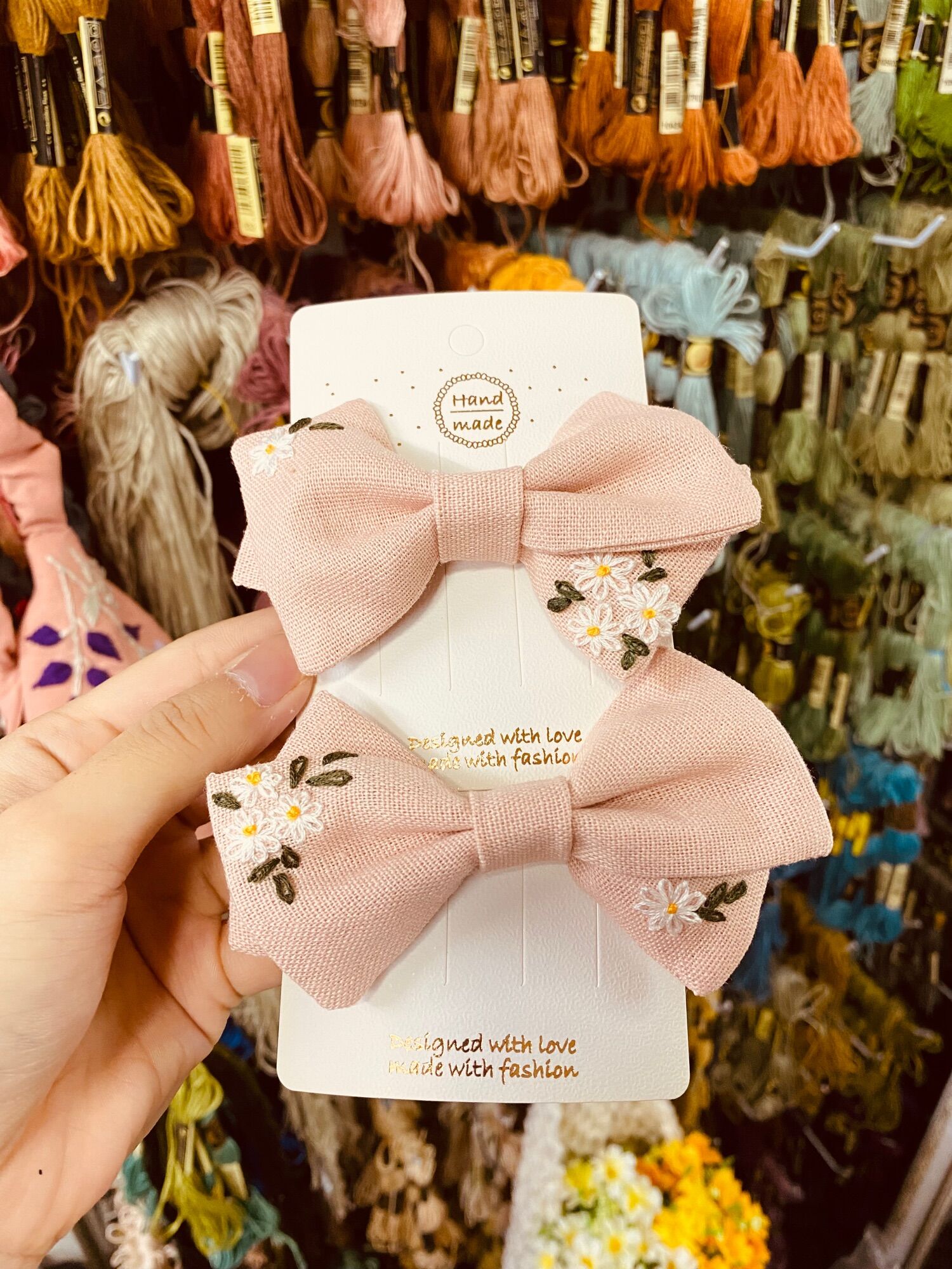 Nơ Kẹp tóc - Cặp tóc Buộc tóc  thêu tay vải linen (handmade by Pong)