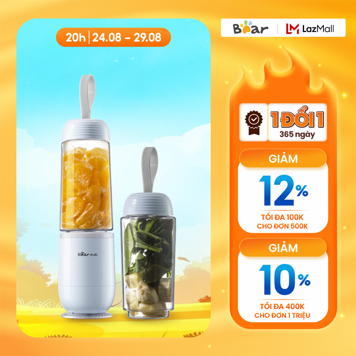 Máy Xay Sinh Tố Cầm Tay Mini Bear LLJ-D04B1 350ML *2 cối - Bảo hành 18 tháng