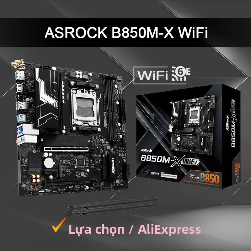 ASRock | Mainboard ASROCK B850M-X WIFI 6E Micro ATX, Hỗ Trợ Socket AM5 Của AMD, Dòng Ryzen 9000, LAN Tích Hợp 1x RJ45, DDR5, Hỗ Trợ Tối Đa 128GB RAM Giá 6,707,000 Đồng*Miễn phí vận chuyển