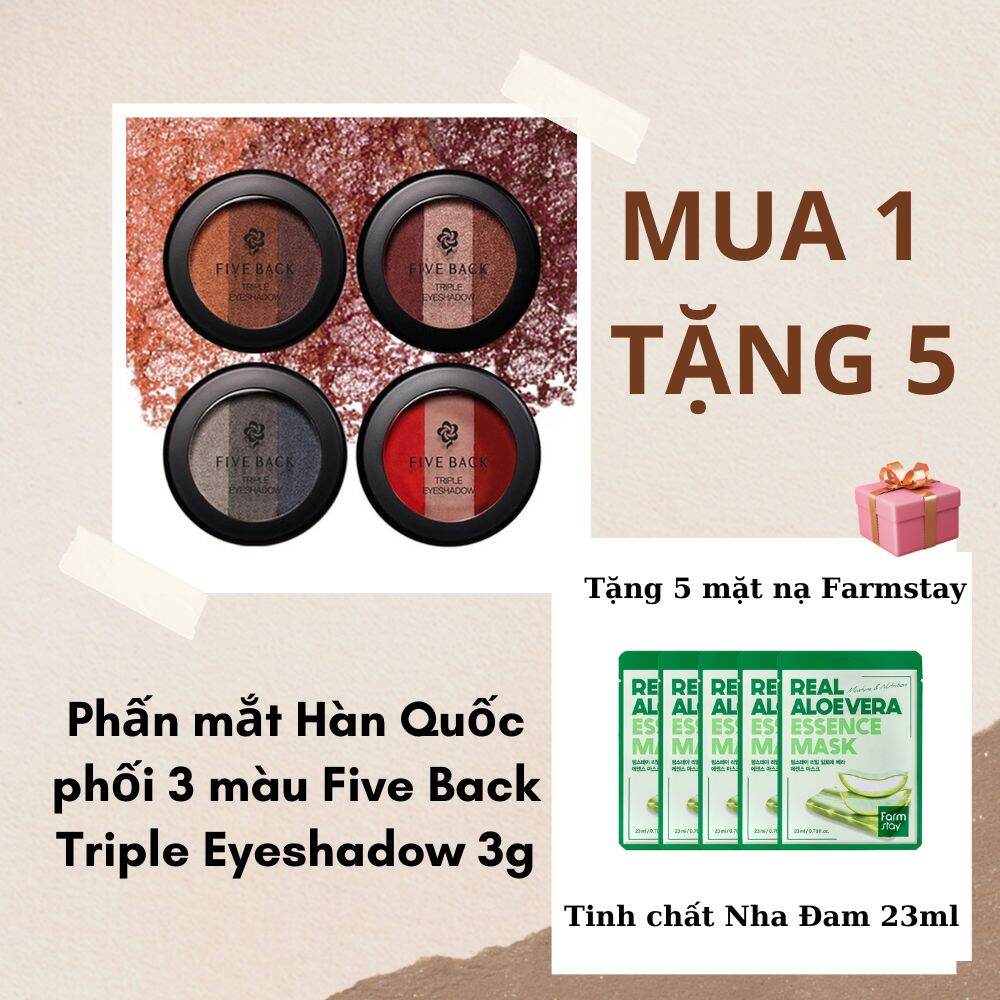 Mua 1 tặng 5 – Phấn mắt Hàn Quốc 3 màu kim tuyến nhũ lấp lánh Five Back Triple Eyeshadow 3g chọn màu tặng 5 miếng 5 Miếng Mặt nạ cấp ẩm Hàn Quốc tinh chất nha đam Farmstay Real Aloevera Essence Mask 23ml