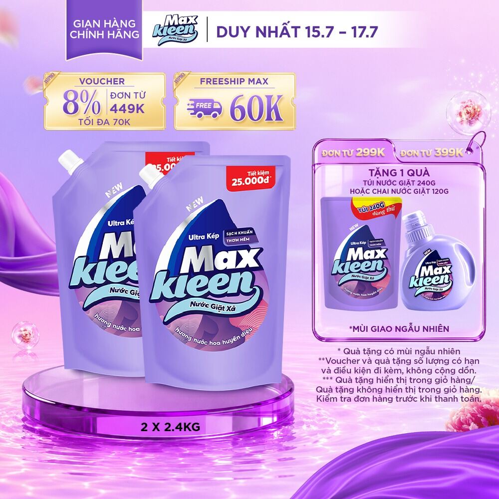 Combo 2 Túi Nước Giặt Xả MaxKleen 2.4kg (Huyền Diệu/ Hoa Nắng/ Vườn Sớm Mai/ Cam Sả)