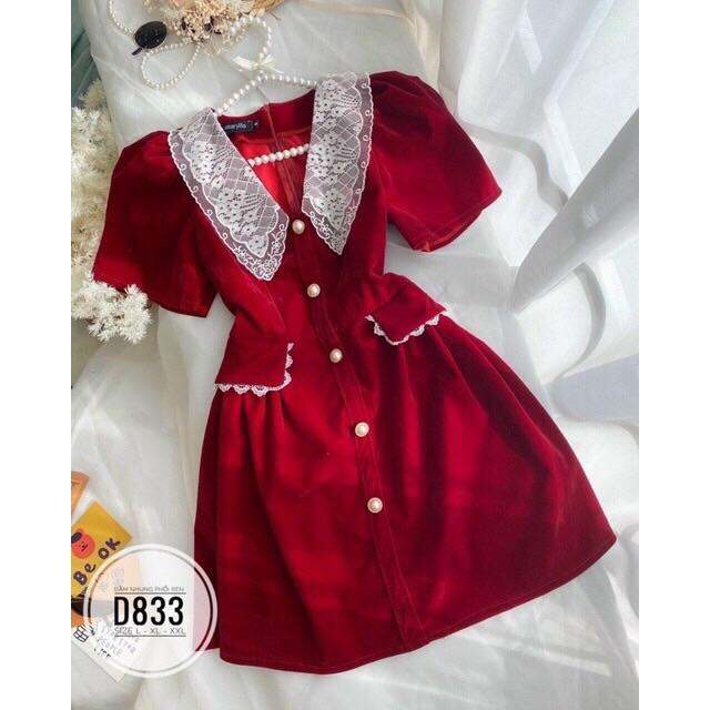 Đầm nhung cổ ren sang chảnh - màu đen, đỏ - đi tiệc, noel, Tết