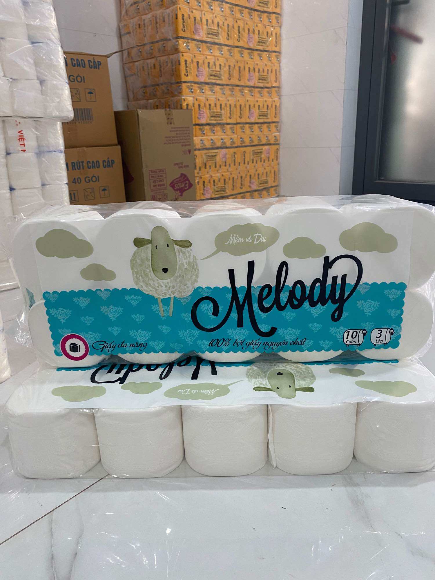 Giấy vệ sinh lốc 10 cuộn giấy vệ sinh lụa không lõi melody 3 lớp 1,5kg cao cấp