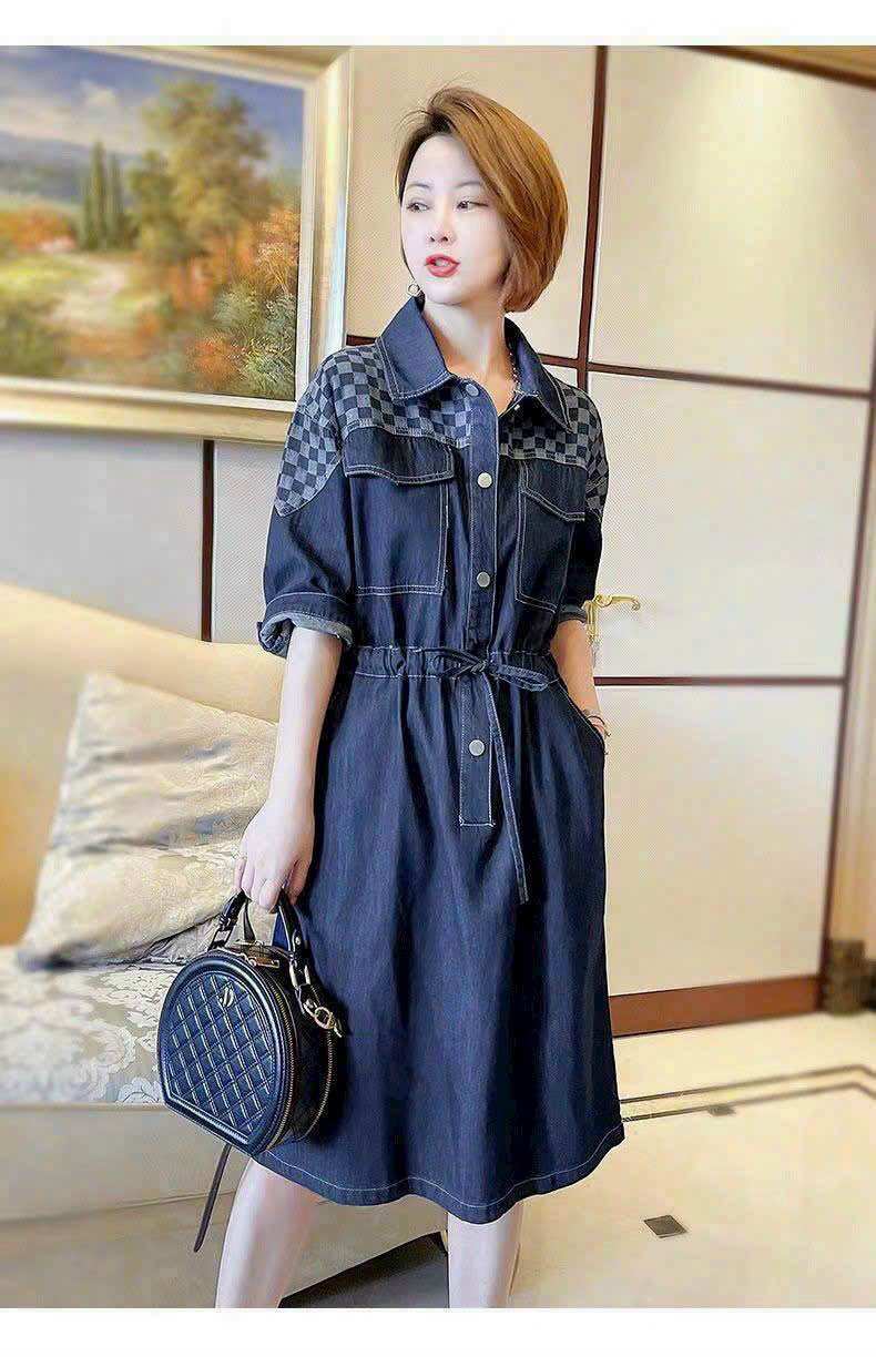 [HCM]ĐẦM JEAN XÒE PHỐI CARO CỔ SƠ MI EO DÂY RÚT