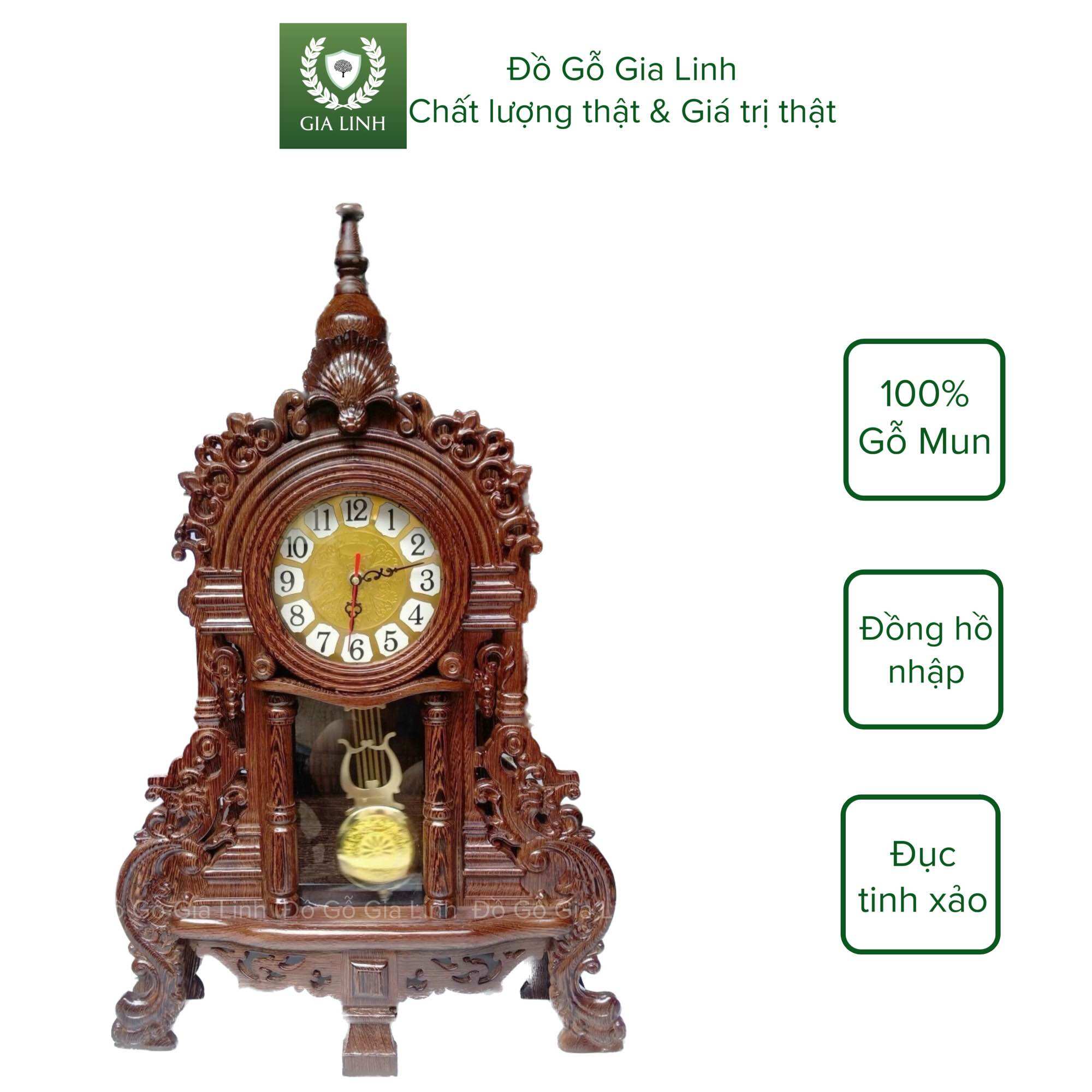 Đồng hồ quả lắc để bàn đồ gỗ gia linh gỗ mun đuôi công kt 70cm x 45cm x 15cm