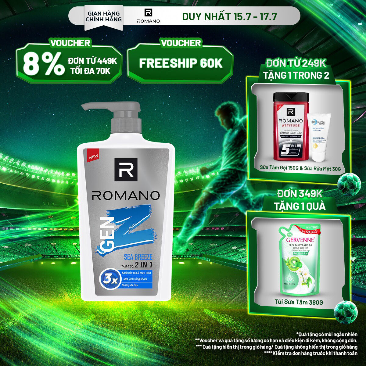 Tắm Gội 2 trong 1 Romano GEN Z FOREST CEDAR/SEA BREEZE 610G + Tặng 1 Romano 150g