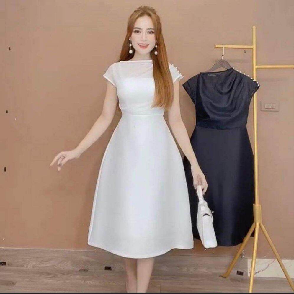 Đầm cổ đổ dáng A đính ngọc Monoco