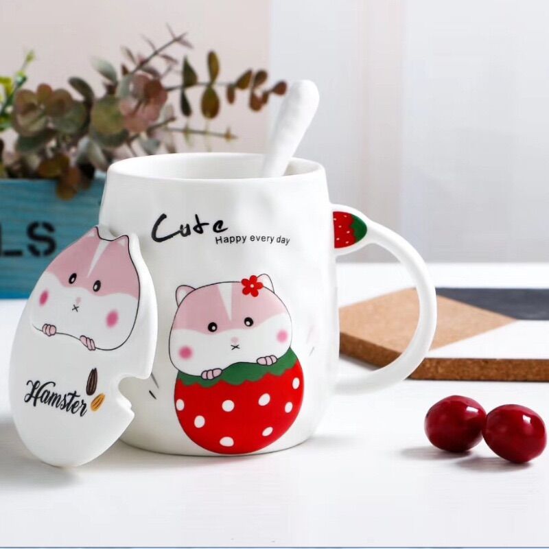 Ly cốc sứ có nắp kèm thìa hình chuột Hamster dễ thương 480ml
