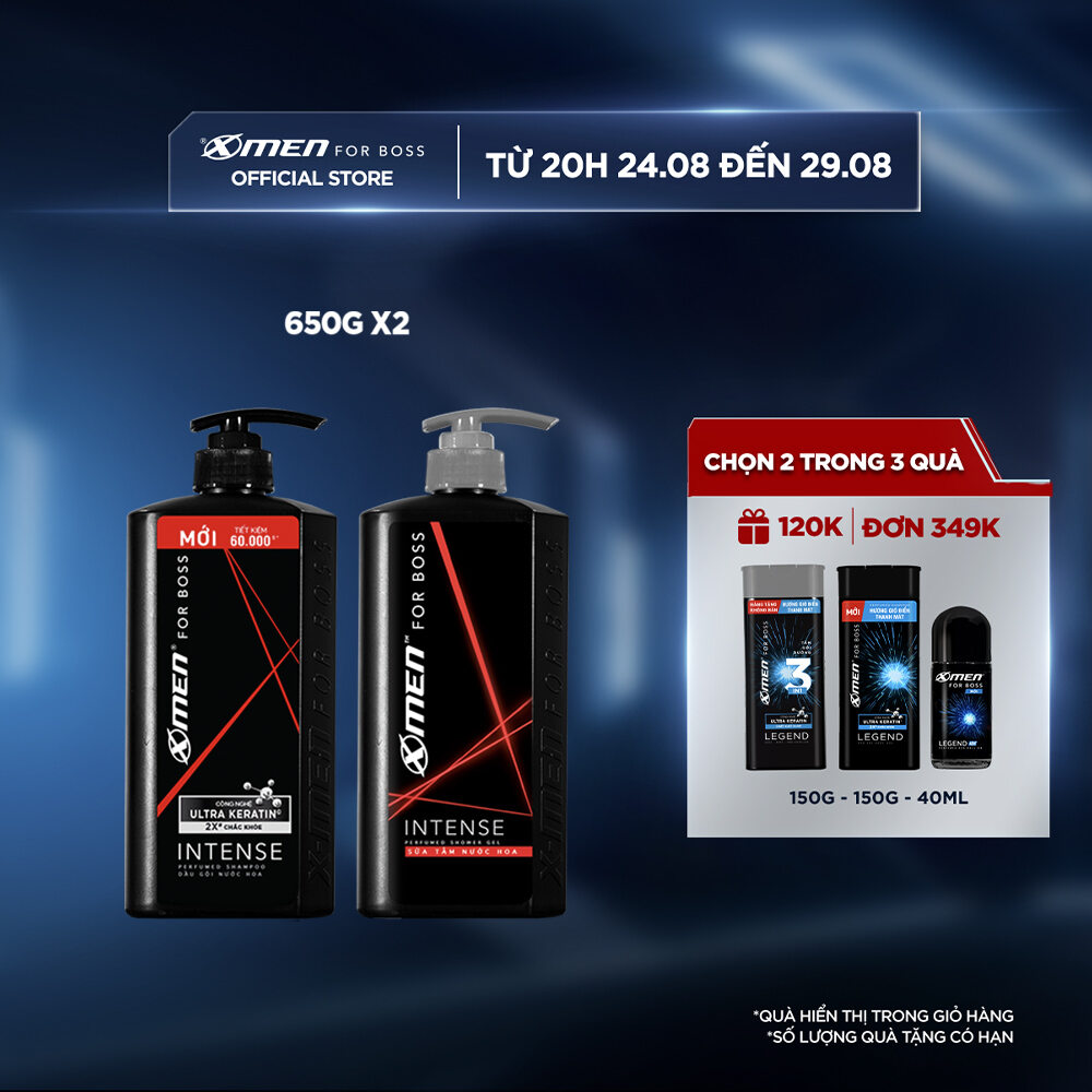 Combo Dầu gội X-Men for Boss hương trầm đầy nội lực Intense với Ultra Keratin© mới 650g + Sữa tắm nước hoa X-Men for Boss Intense 650g