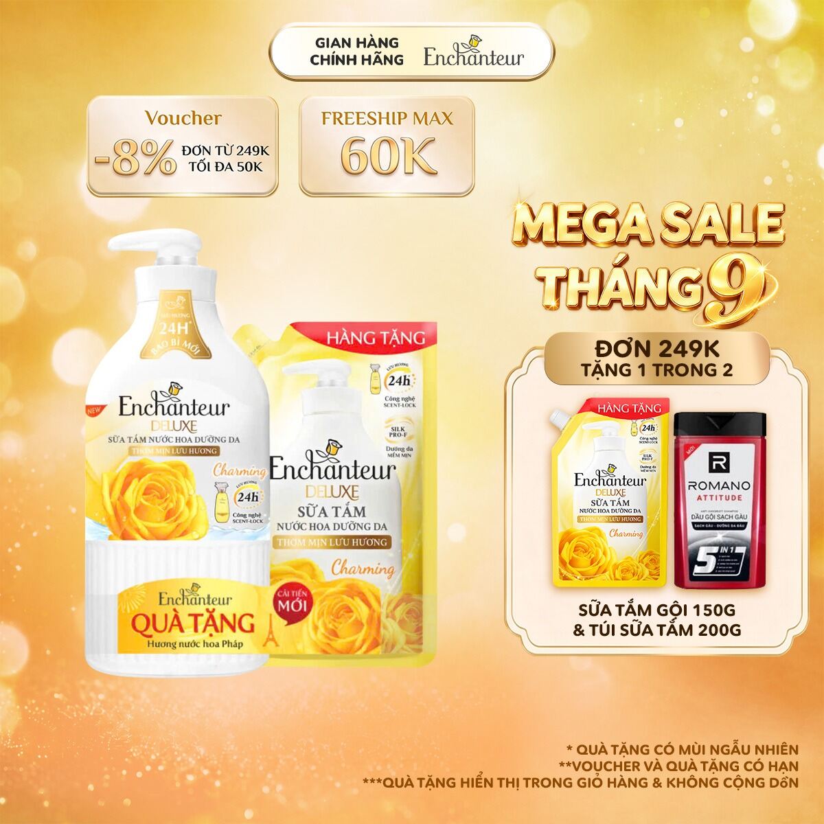 [MUA 1 TẶNG 1] Sữa tắm Enchanteur hương nước hoa Charming/Glamour/Sensation/Romantic 650g TẶNG 1 Túi sữa tắm/dầu gội 195g