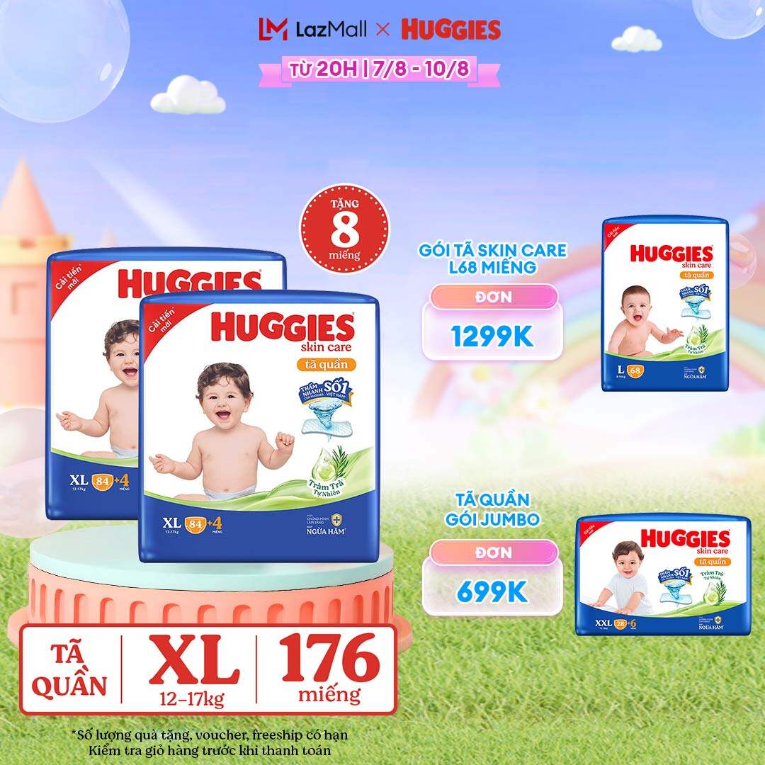 Combo 2 Gói Tã/bỉm quần HUGGIES SKINCARE MEGA JUMBO size XL84+4 miếng