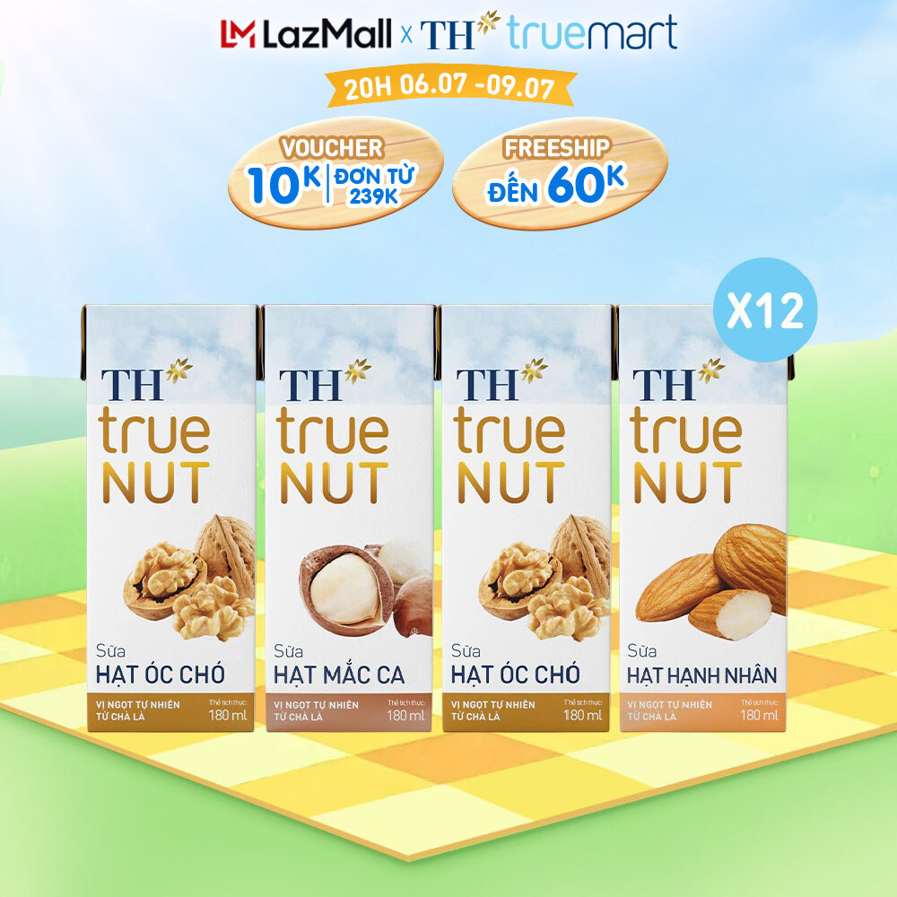Combo mix 12 lốc sữa hạt óc chó, mắc ca, hạnh nhân TH true NUT (180ml x 48 hộp)