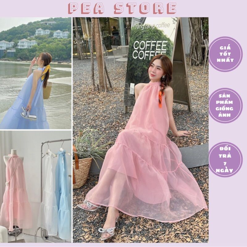 Váy maxi cổ yếm tơ 2 lớp bồng bềnh Pea Store - Đầm maxi cổ yếm nơ sau đi biển dáng dài tầng xoè