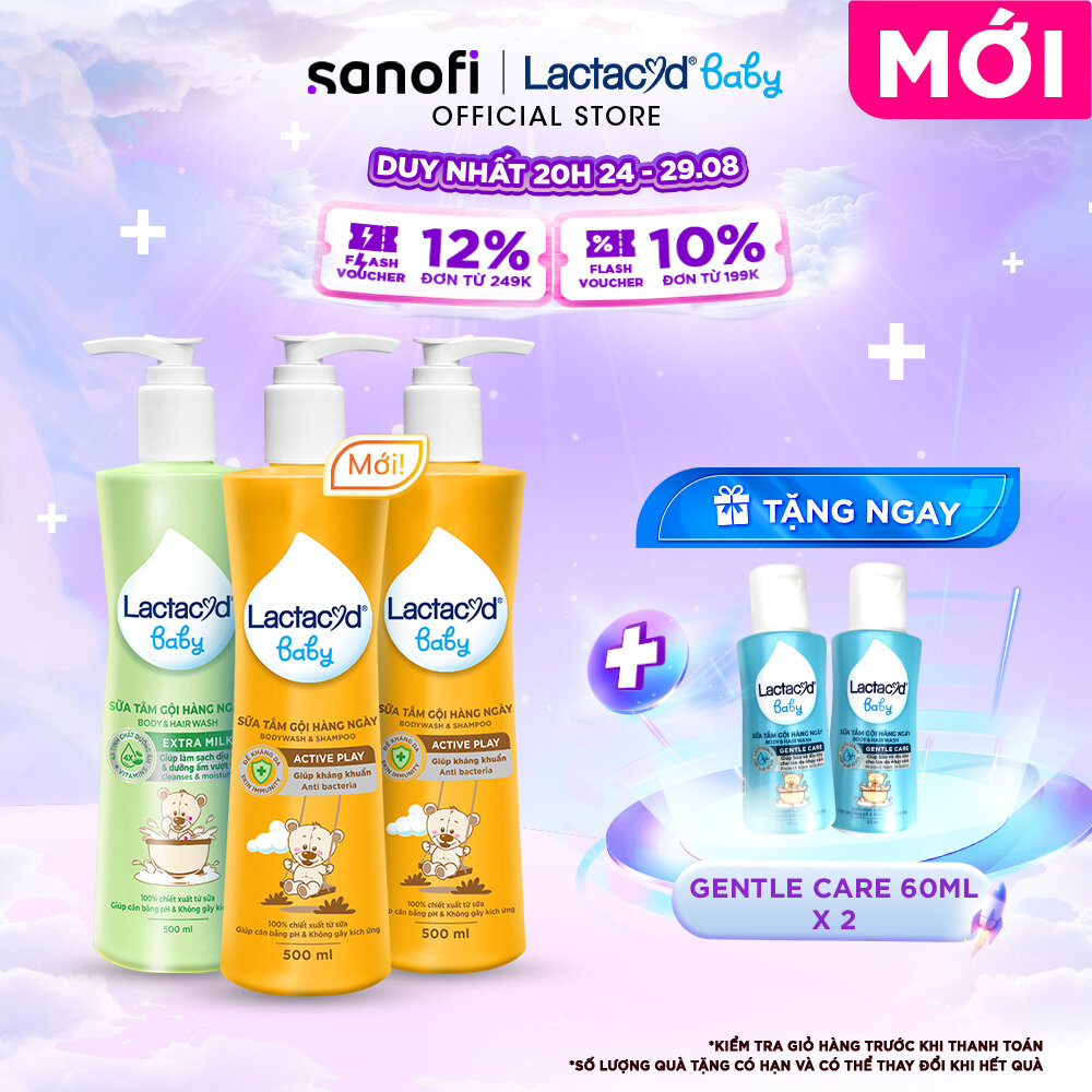 Bộ 2 chai sữa tắm gội trẻ em lactacyd baby active play 500ml +1 chai lactacyd baby extra milky 500ml