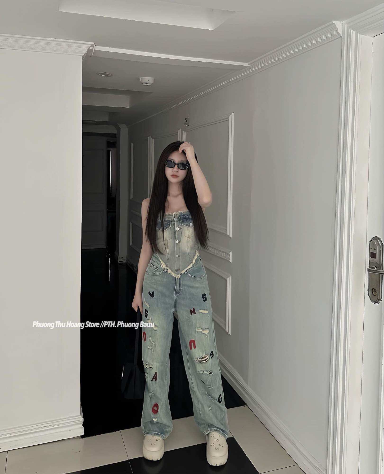 Áo kiểu nữ quây jeans vạt chéo kh