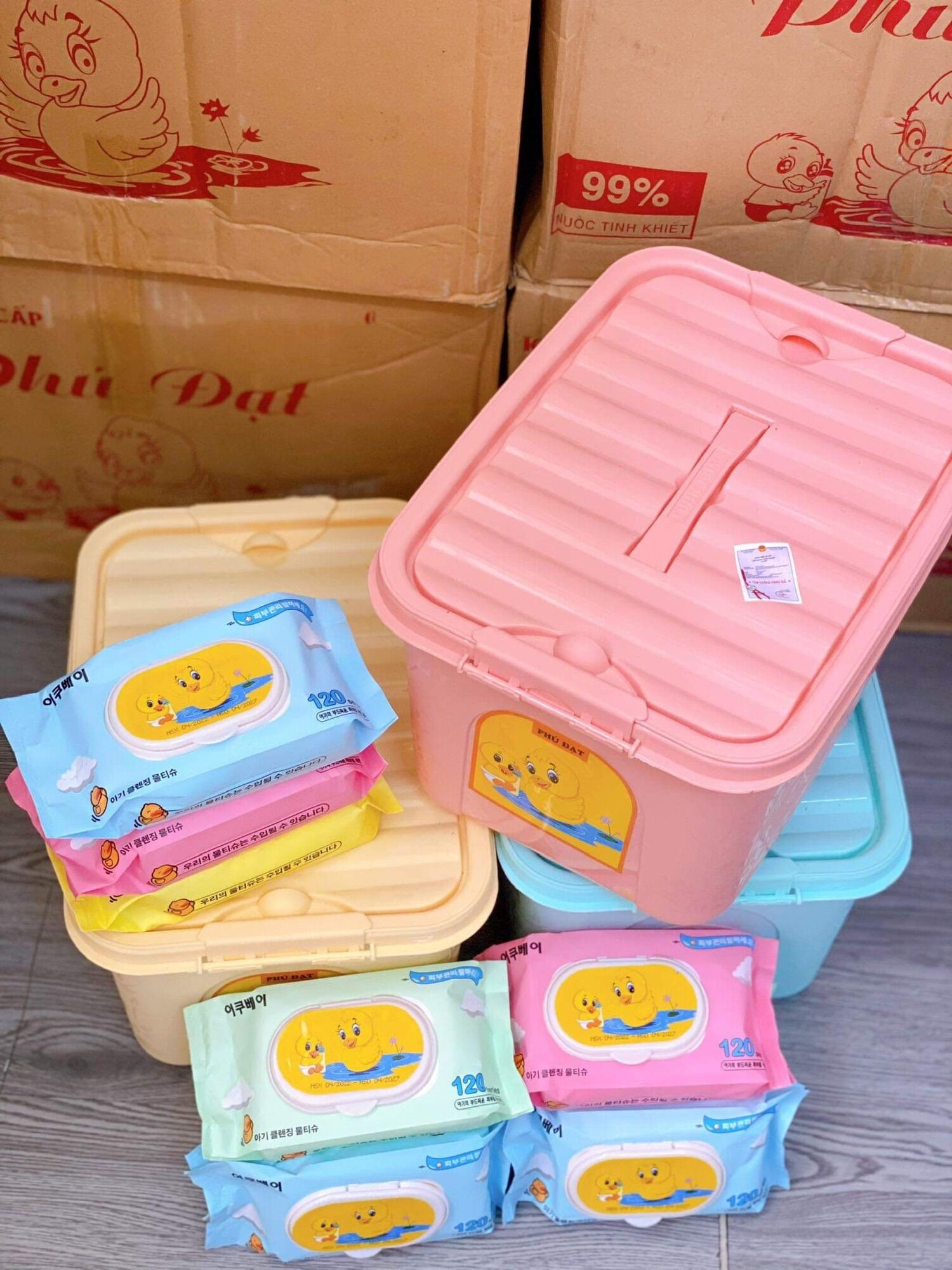 10 Gói Khăn Ướt Vịt Phú Đạt Không Mùi (Tặng Thùng) Được Chọn Màu