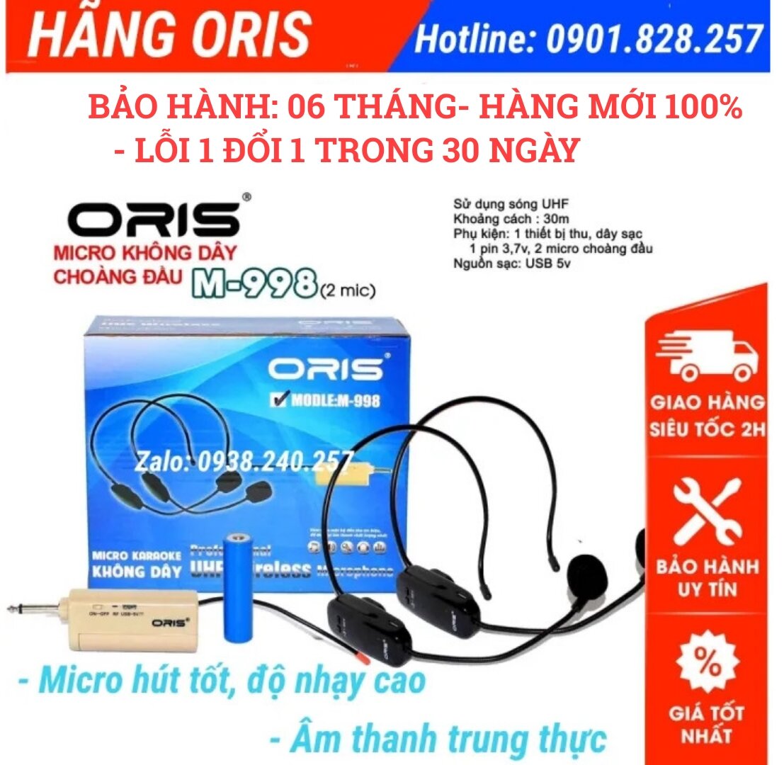 Micro không dây đeo tai, choàng đầu 2 người UHF oris M998 dùng loa trợ giảng, loa kẹo kéo, amply, vang, mixer hút âm tốt, âm thanh trung thực- oris m-998- oris m 998 - micro choàng đầu không dây - micro đeo tai