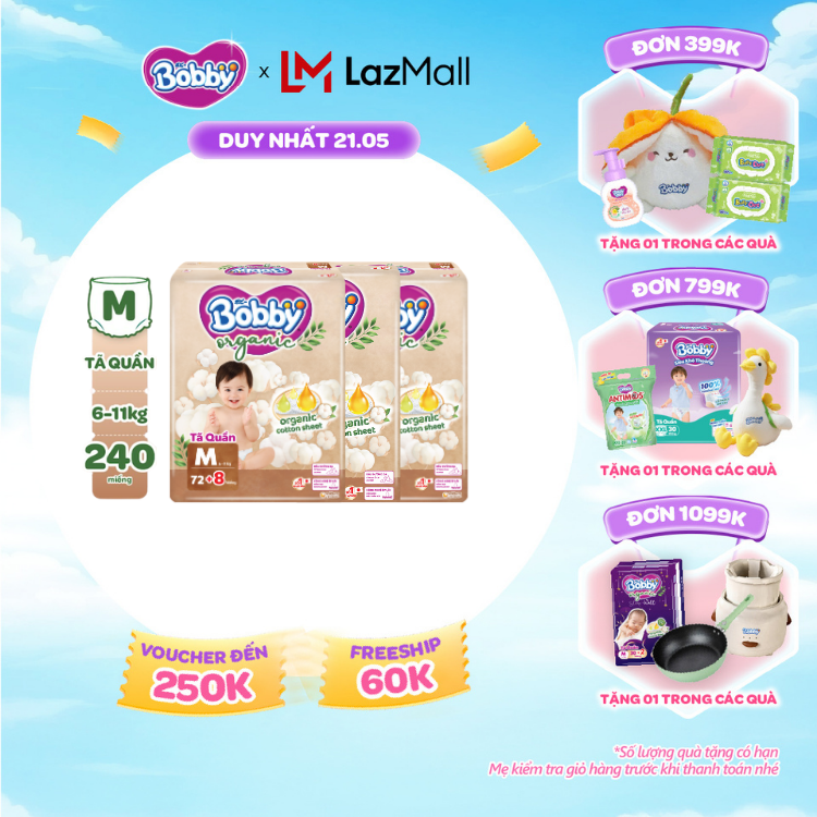 [SALE CUỐI THÁNG tặng QUÀ TO-SLCH][COMBO 3] [TẶNG KÈM 8 MIẾNG] Tã quần cao cấp Bobby Organic chăm sóc dịu nhẹ từ thiên nhiên M72