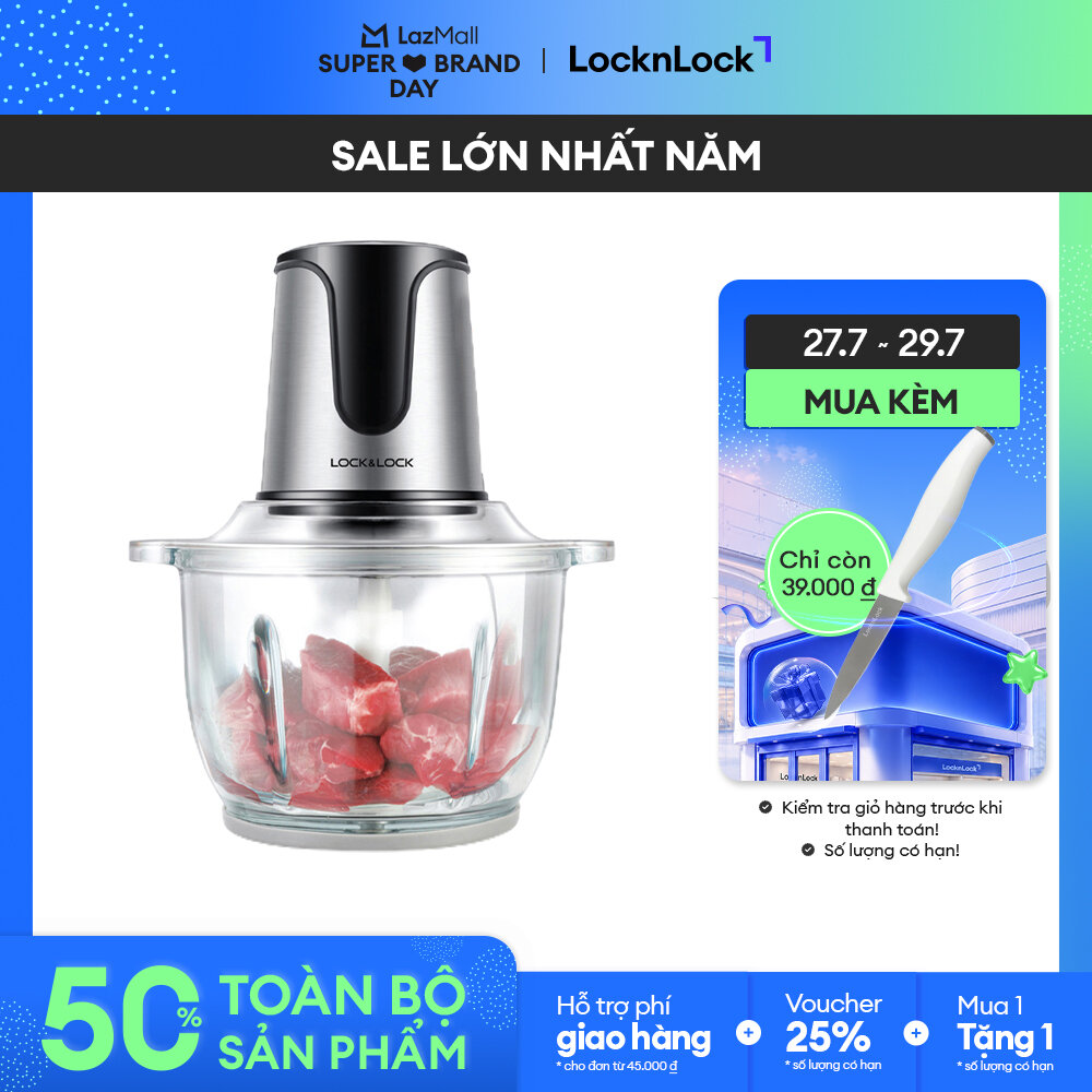 [SBD 27.7_Giảm đến 70% + Voucher đến 25%] EJM171 - Máy xay thịt đa năng LockLock 2L 300W - Cối thủy tinh, Lưỡi dao kép thép không gỉ, 2 cấp độ xay - chính hãng - Bảo hành 2 năm