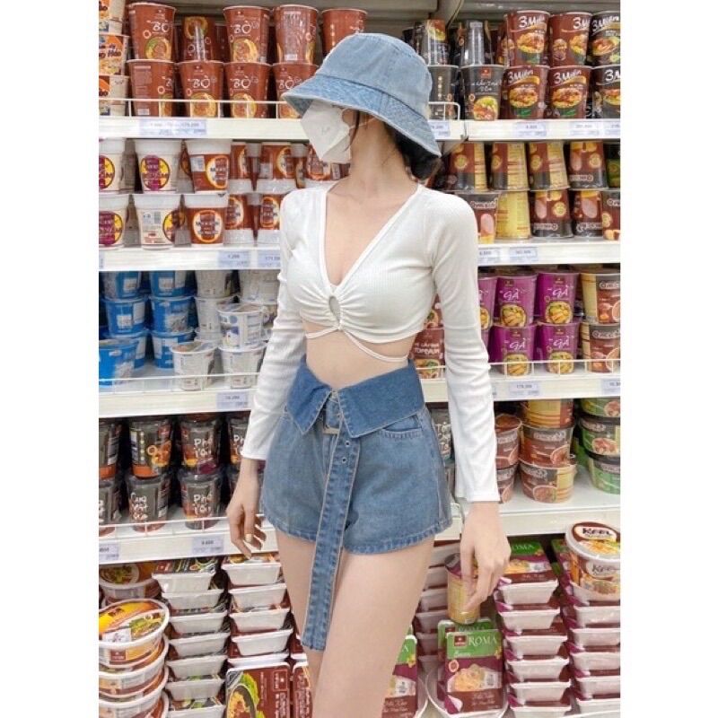 Áo croptop loe tay rút dây giữa LO1