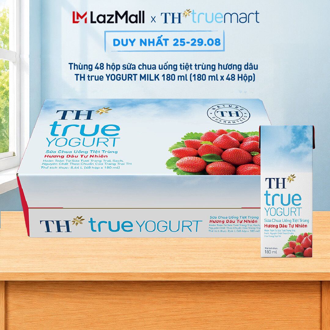 Thùng 48 hộp sữa chua uống tiệt trùng TH true YOGURT hương dâu tự nhiên 180 ml (180 ml x48)