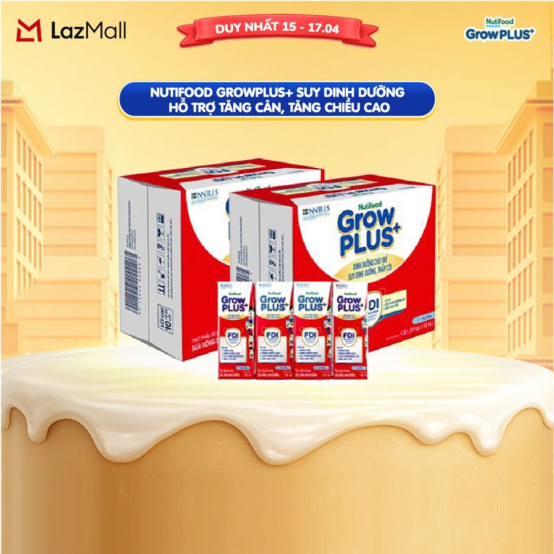 Thùng Sữa Nước Pha Sẵn Nutifood GrowPLUS+ Ít Đường suy dinh dưỡng - Hỗ trợ tăng cân, tăng chiều cao - Trên 1 tuổi (48 Hộp x 180ml) (Bao bì tùy đợt nhập hàng)