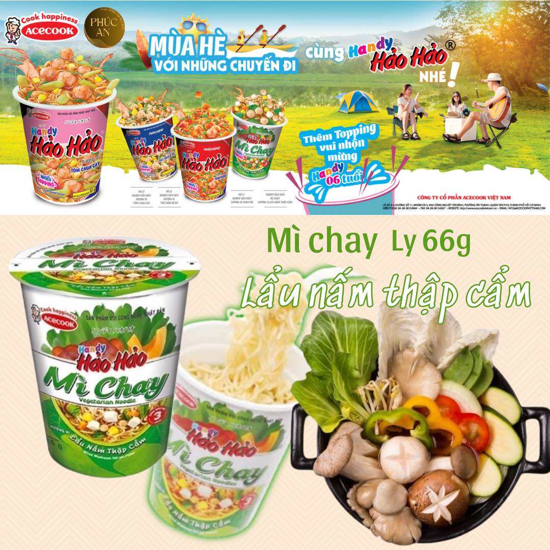 Mì ly Handy Hảo Hảo Chay 66g vị lẩu nấm thập cẩm ACECOOK Vegetarian