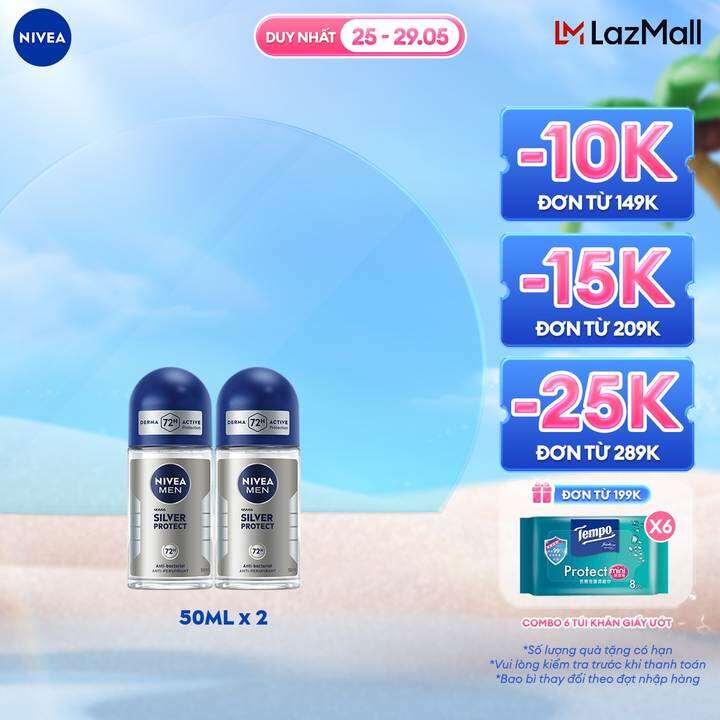 Bộ 2 Lăn Ngăn Mùi NIVEA MEN Silver Protect Phân Tử Bạc Giảm 99.9% Vi Khuẩn Gây Mùi (50 ml)