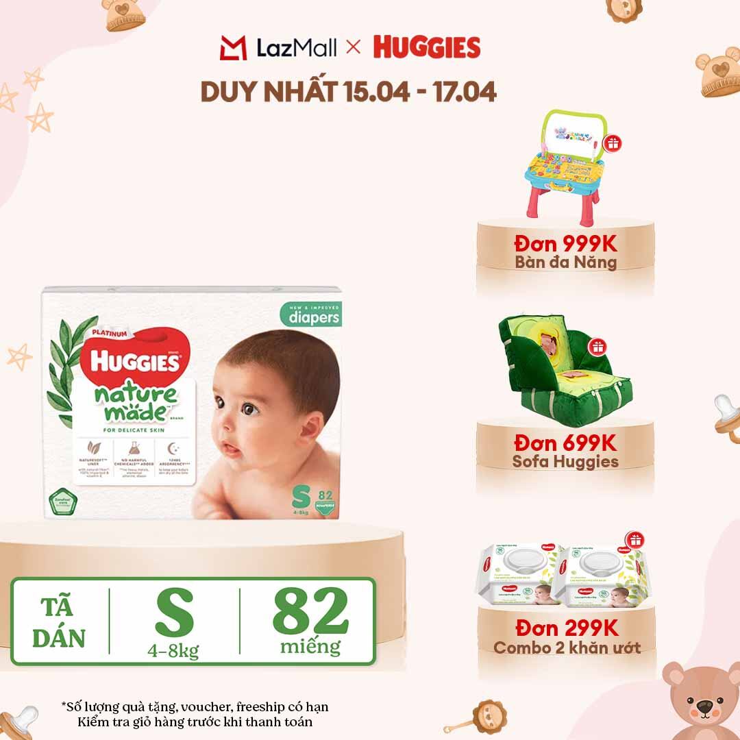 [CHỈ 18-24.04 QUÀ TẶNG ĐƠN 399K](Mua 1 tặng 1) Tã/Bỉm dán sơ sinh Huggies Platinum NatureMade S82 (4-8kg)-Gói Super Jumbo 82 miếng