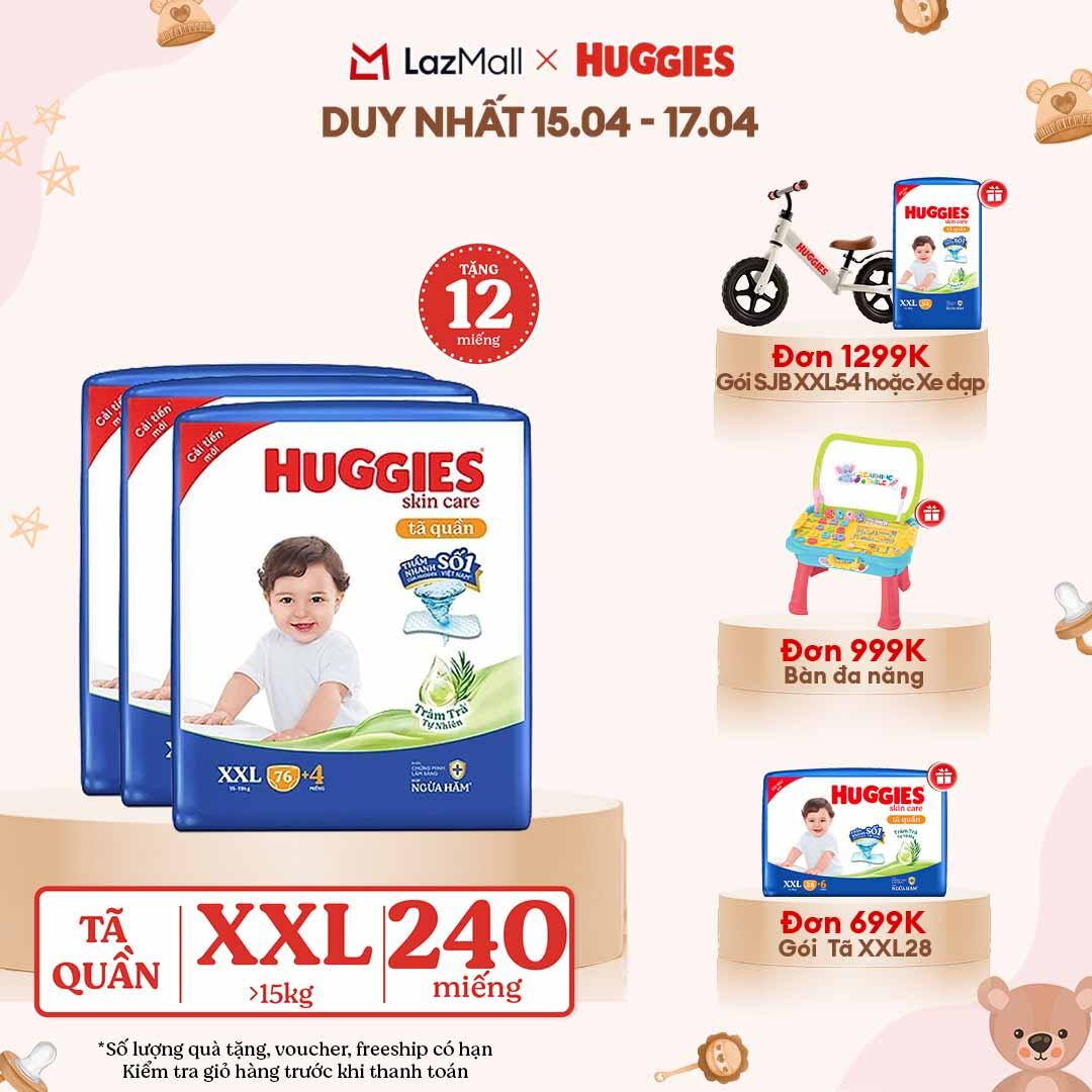 [CHỈ 18-24.04 GIẢM THÊM 90K] Combo 3 Gói Tã/bỉm quần HUGGIES SKINCARE MEGA JUMBO size XXL76+4 miếng
