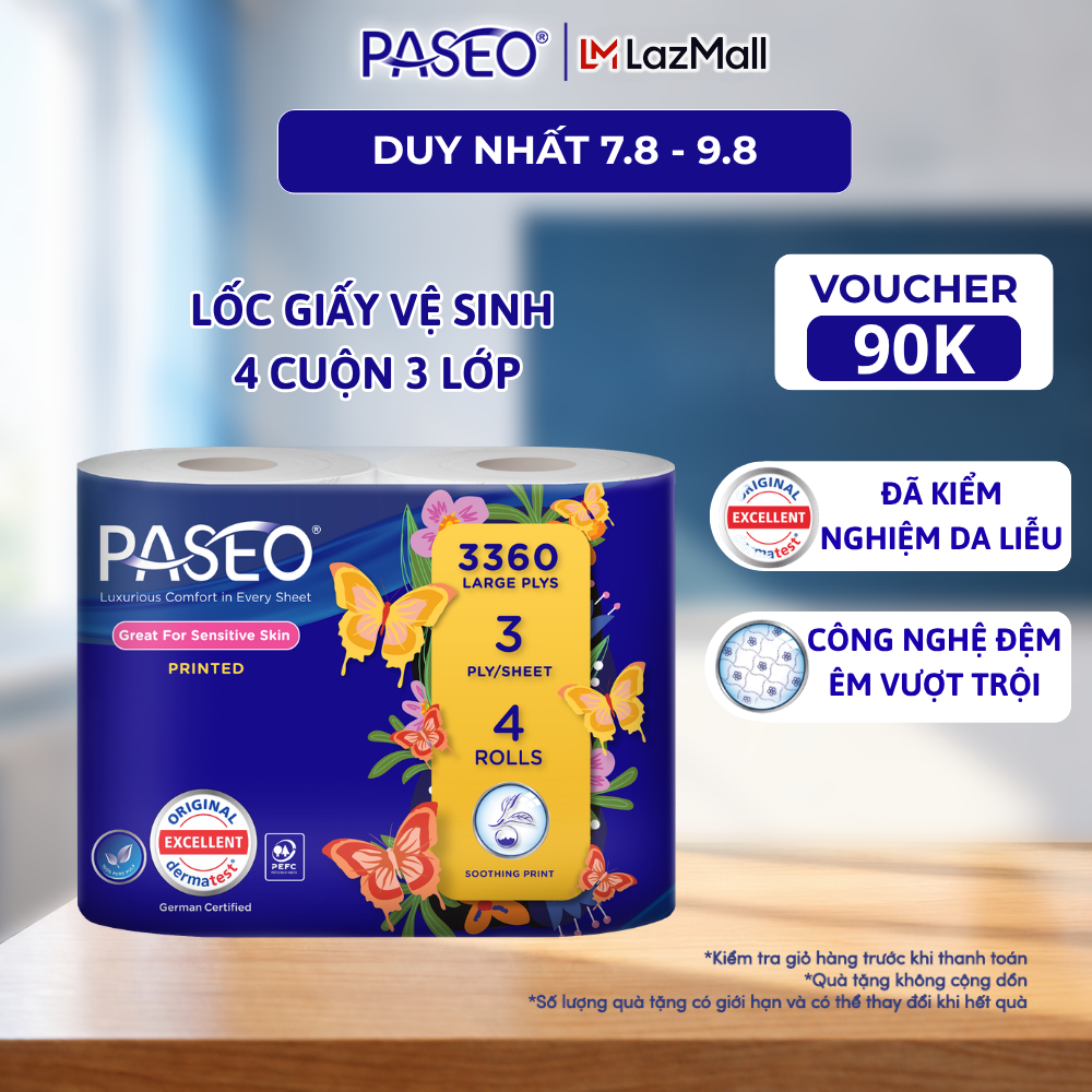 Lốc Giấy Vệ Sinh Paseo 3 Lớp Mềm Mịn Cao Cấp, 4 Cuộn/lốc - Tan Nhanh - Không Gây Tắc Nghẽn