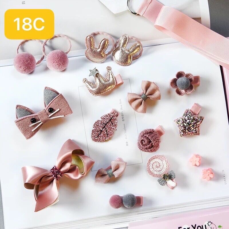Set 18 món cột, kẹp tóc cho bé, kèm hộp túi đựng