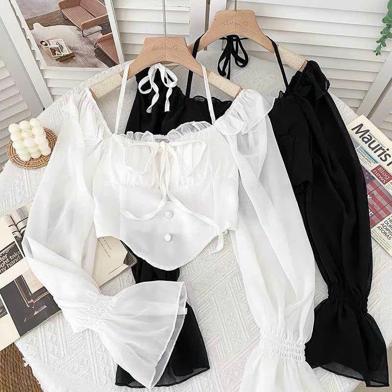 Áo Croptop Yếm Bèo Tay Dài Vạt Bầu