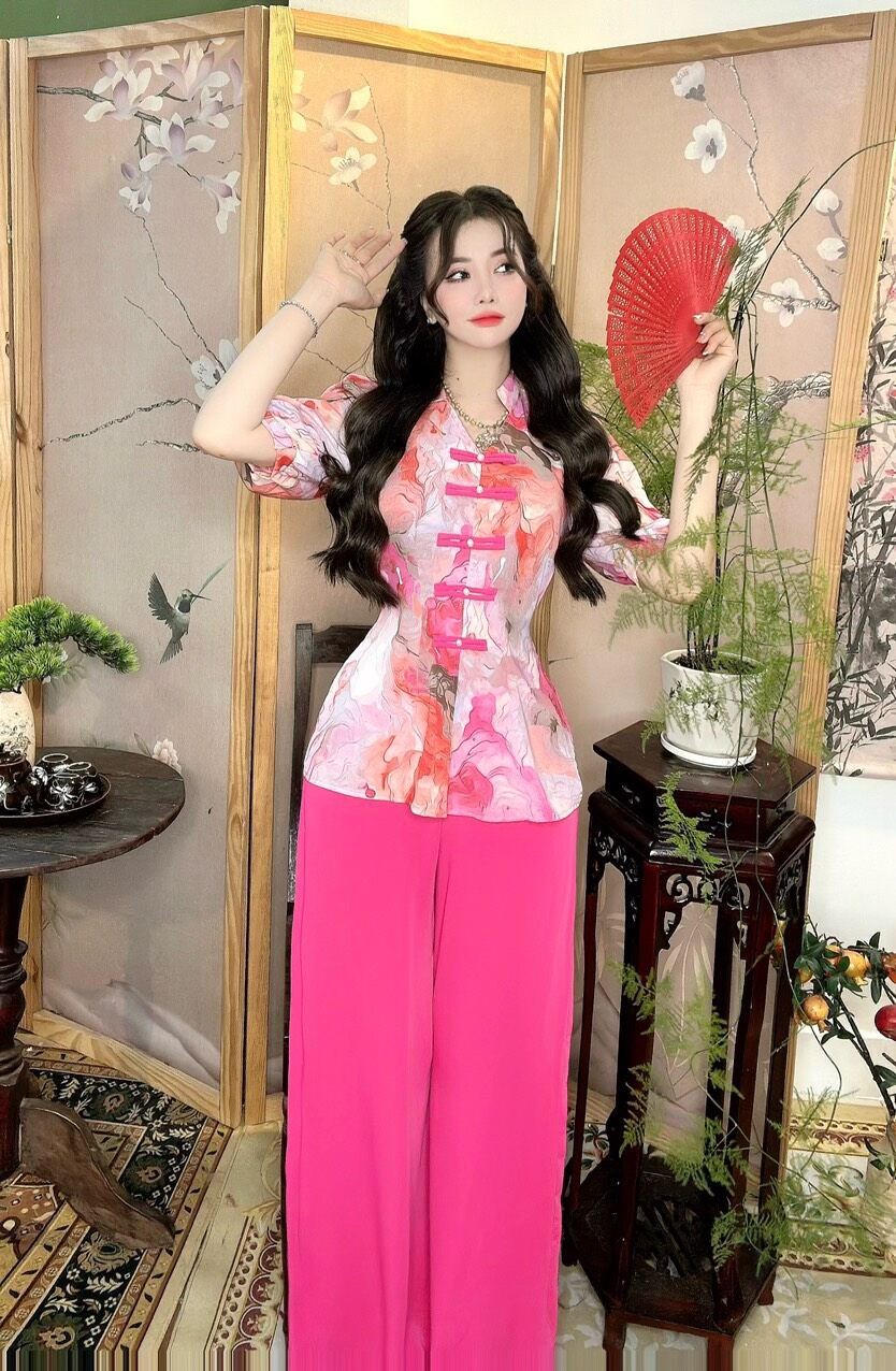 Bộ bà ba cổ tim tay phồng