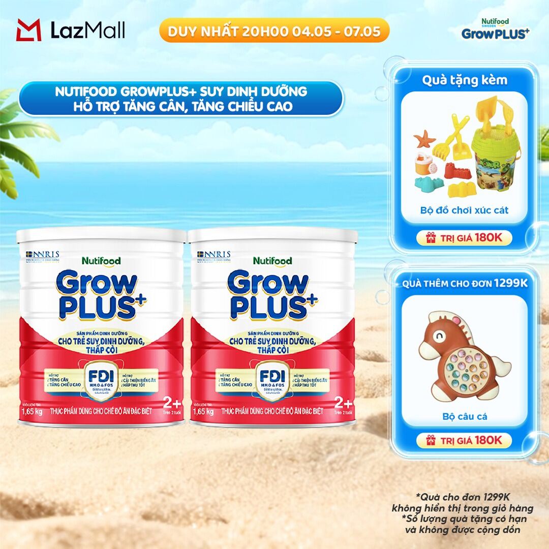 Combo 2 Sữa bột Nutifood GrowPLUS+ Suy Dinh Dưỡng (Đỏ) 2+ - Hỗ Trợ Tăng Cân, Tăng Chiều Cao (2 Lon 1,65 Kg)