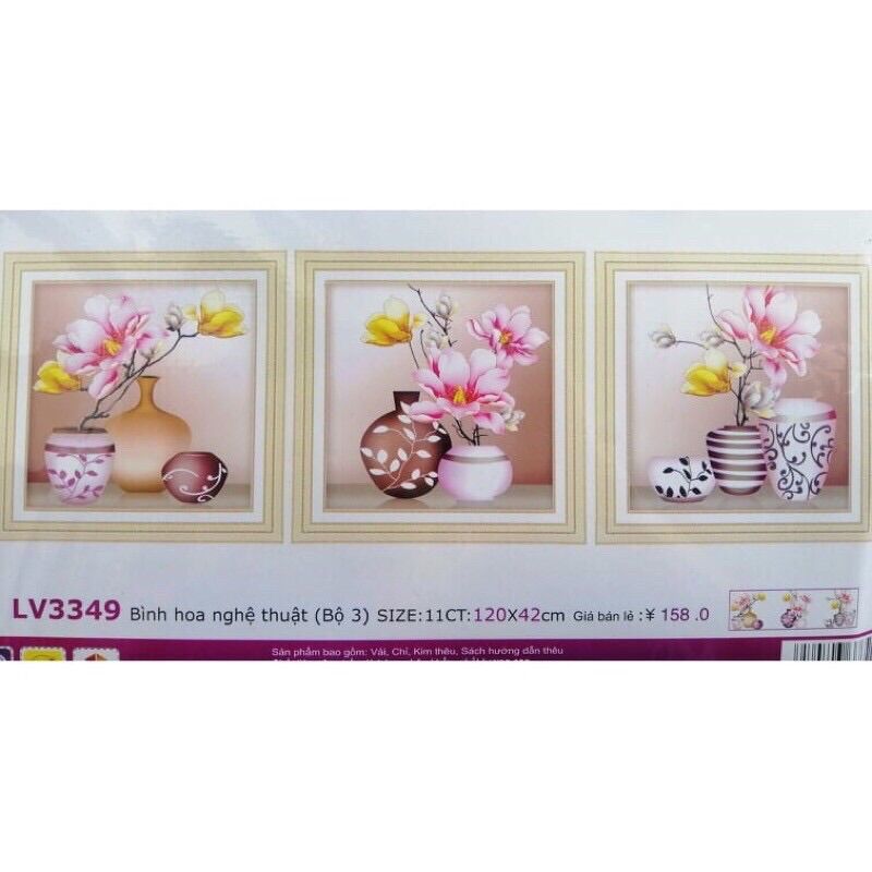 Tranh thêu chữ thập BÌNH HOA NGHỆ THUẬT 3D LV3349 120x42cm Chưa thêu