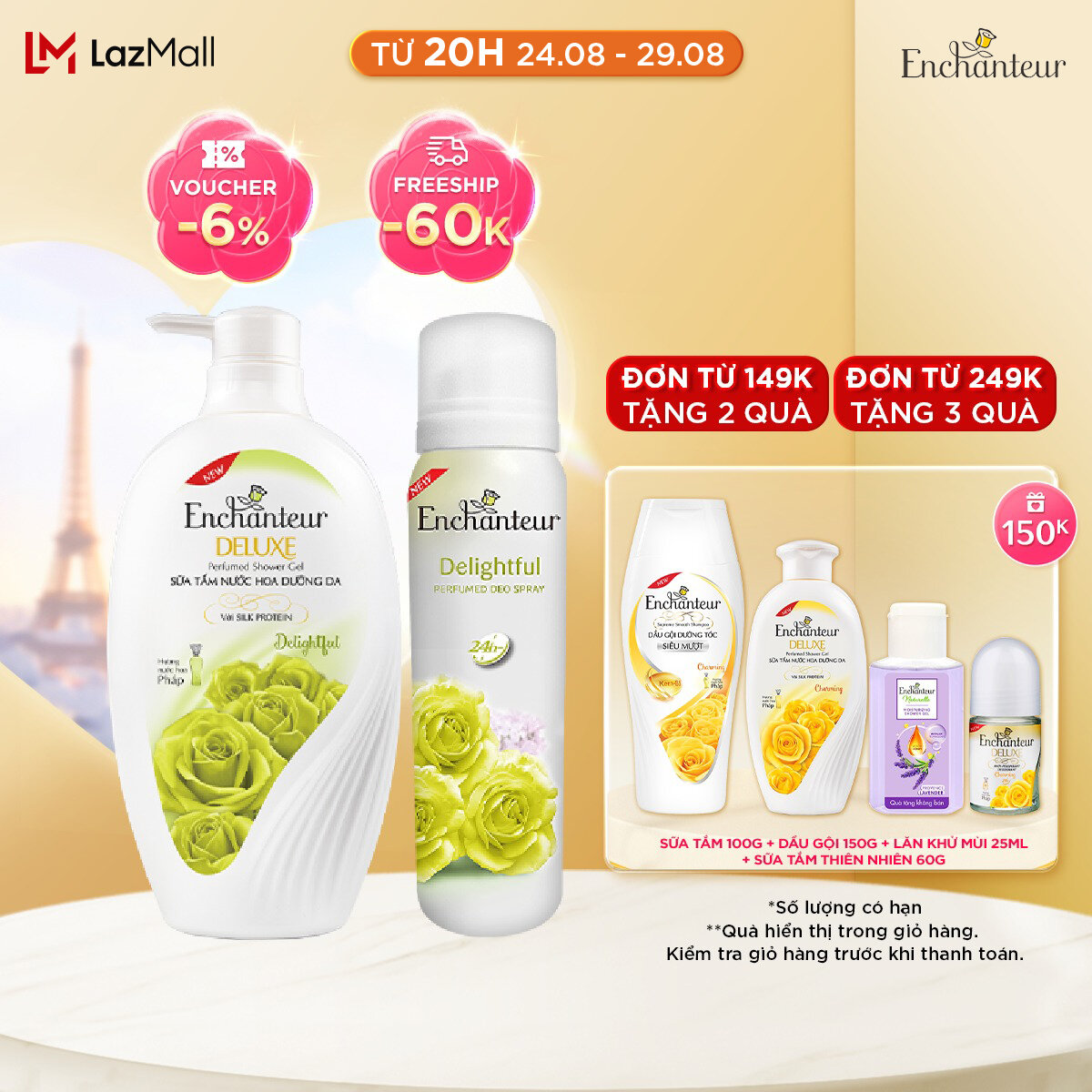 Combo Enchanteur Sữa Tắm Nước Hoa Dưỡng Da Delightful 650G và Xịt Khử Mùi Hương Nước Hoa Delightful 150ml