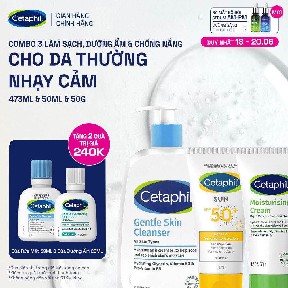 Combo 3 Bước Cetaphil Chăm Da Dịu Lành: Sữa rửa mặt 500ML + Kem dưỡng ẩm 50G + Gel chống nắng SPF50+
