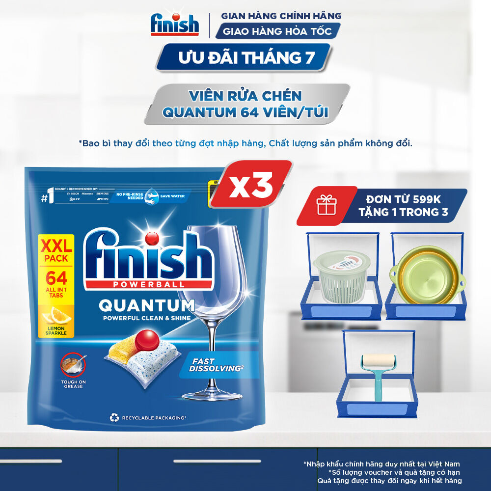 Combo 3 Viên Rửa Chén Bát Finish Powerball Quantum Powerful Clean & Shine 64 viên