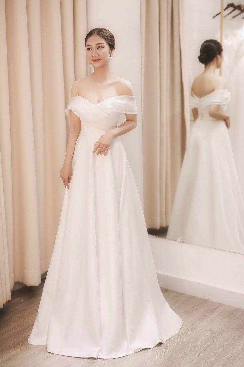 Đầm xòe maxi trắng ,đầm cưới trễ vai dự tiệc