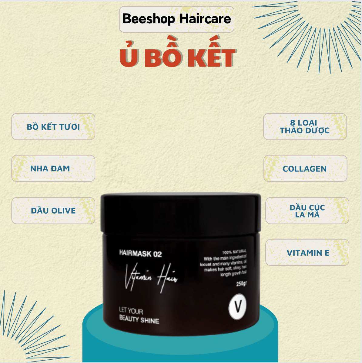 Kem ủ tóc vitamin hair chiết xuất bồ kết, dầu oliu chăm sóc tóc, phục hồi tóc khô xơ nhẹ, dưỡng tóc vyvyhaircare 250gr