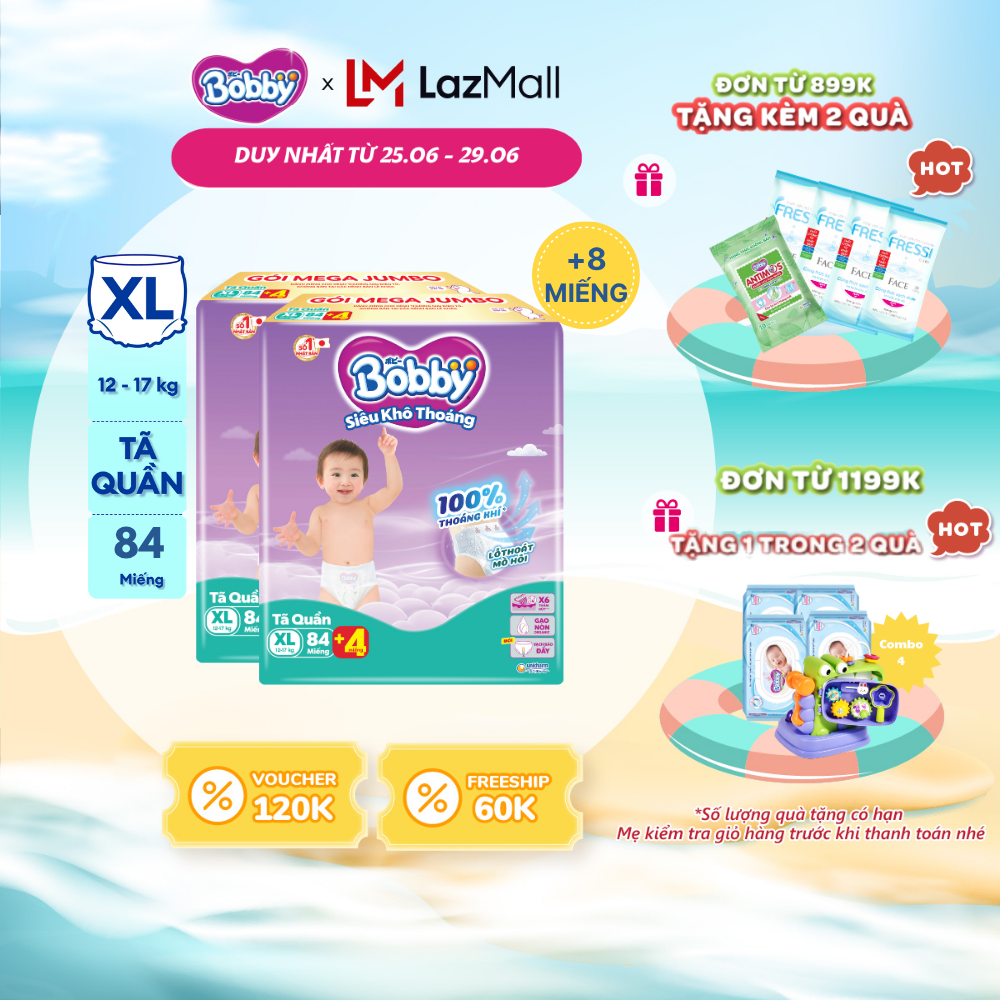 [CHỈ 25-29/6 QT Đơn 899K/1199K][TẶNG MIẾNG NGẪU NHIÊN] Combo 2 Tã/bỉm quần Bobby 3mm Mega Jumbo Gạo non Giảm nhiệt XL84