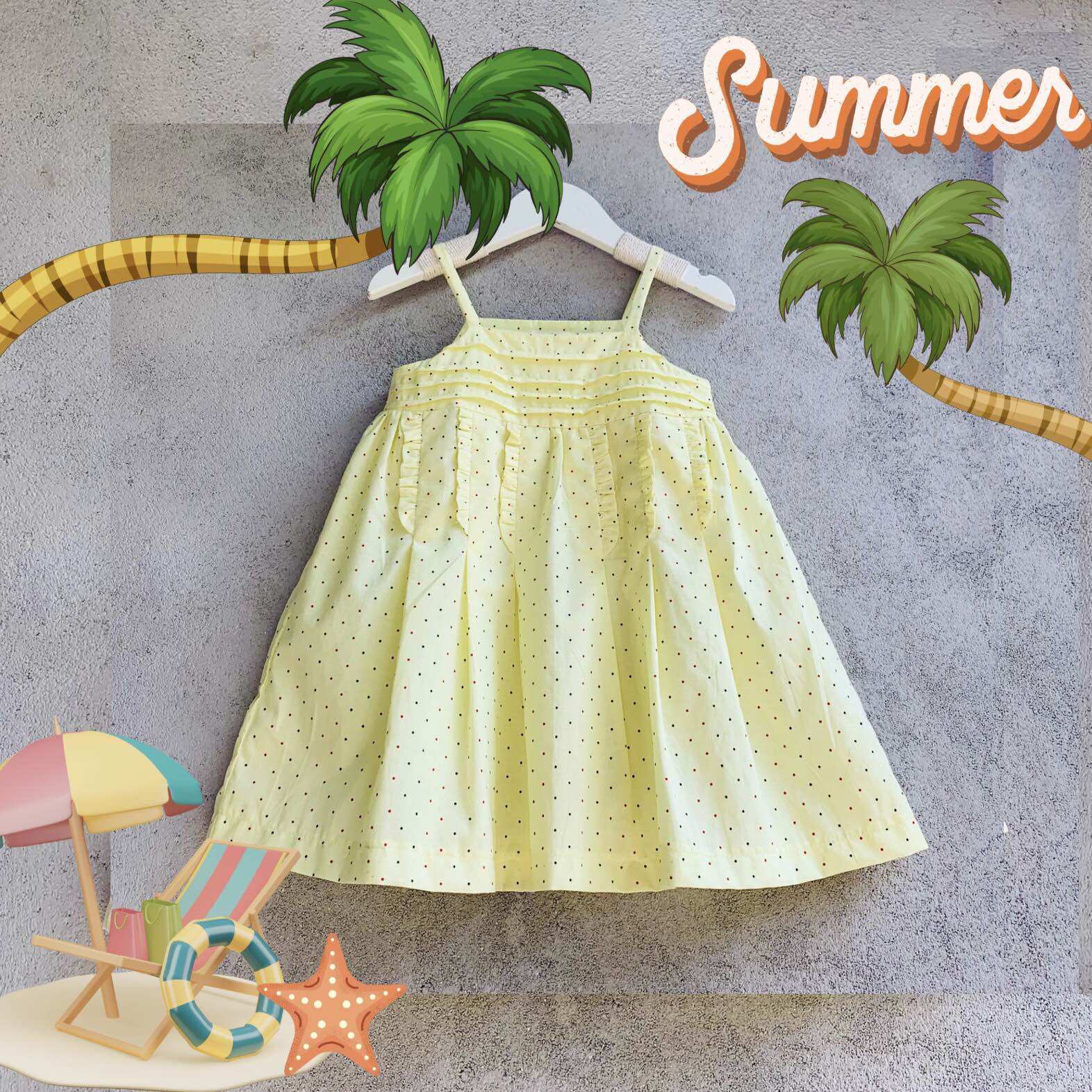 Đầm bé gái 2 dây chấm bi vàng, chất thô cotton mềm mát