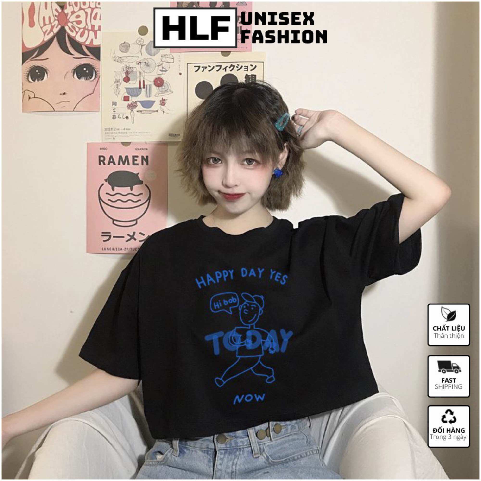Áo baby tee cổ tròn thun nữ croptop Happy Day Today, brand HLF